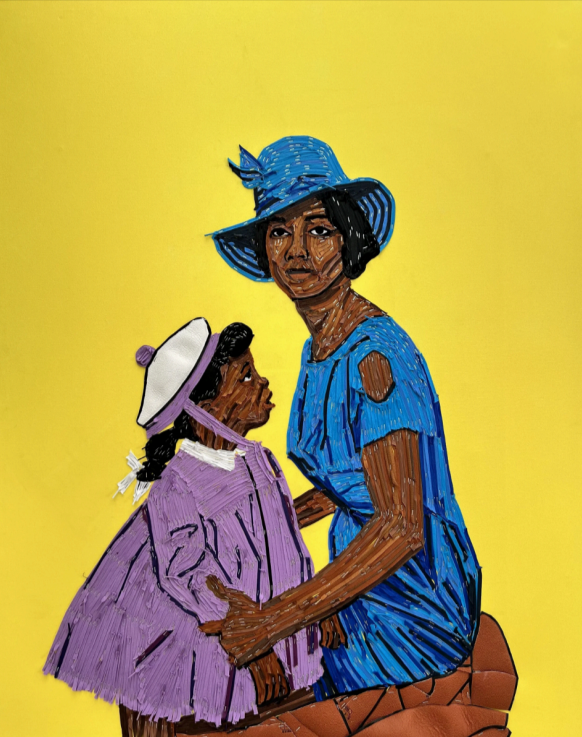 Maxwell Pearce, Mother, 2024. Shoelaces and basketballs on canvas, 48 × 60 in.